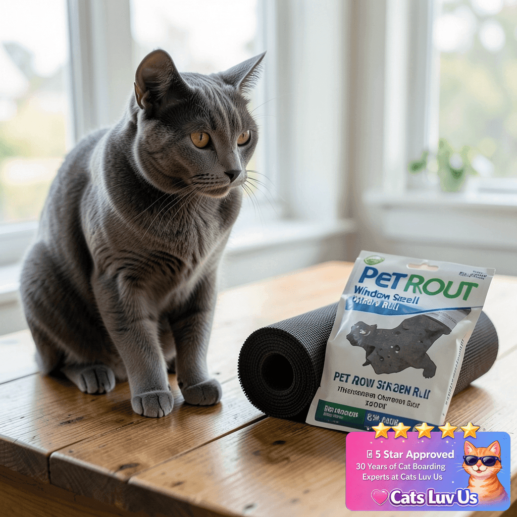Pet Proof Window Screen Roll 36" x 200" Thicken Charcoal with cat - professional product lifestyle photo