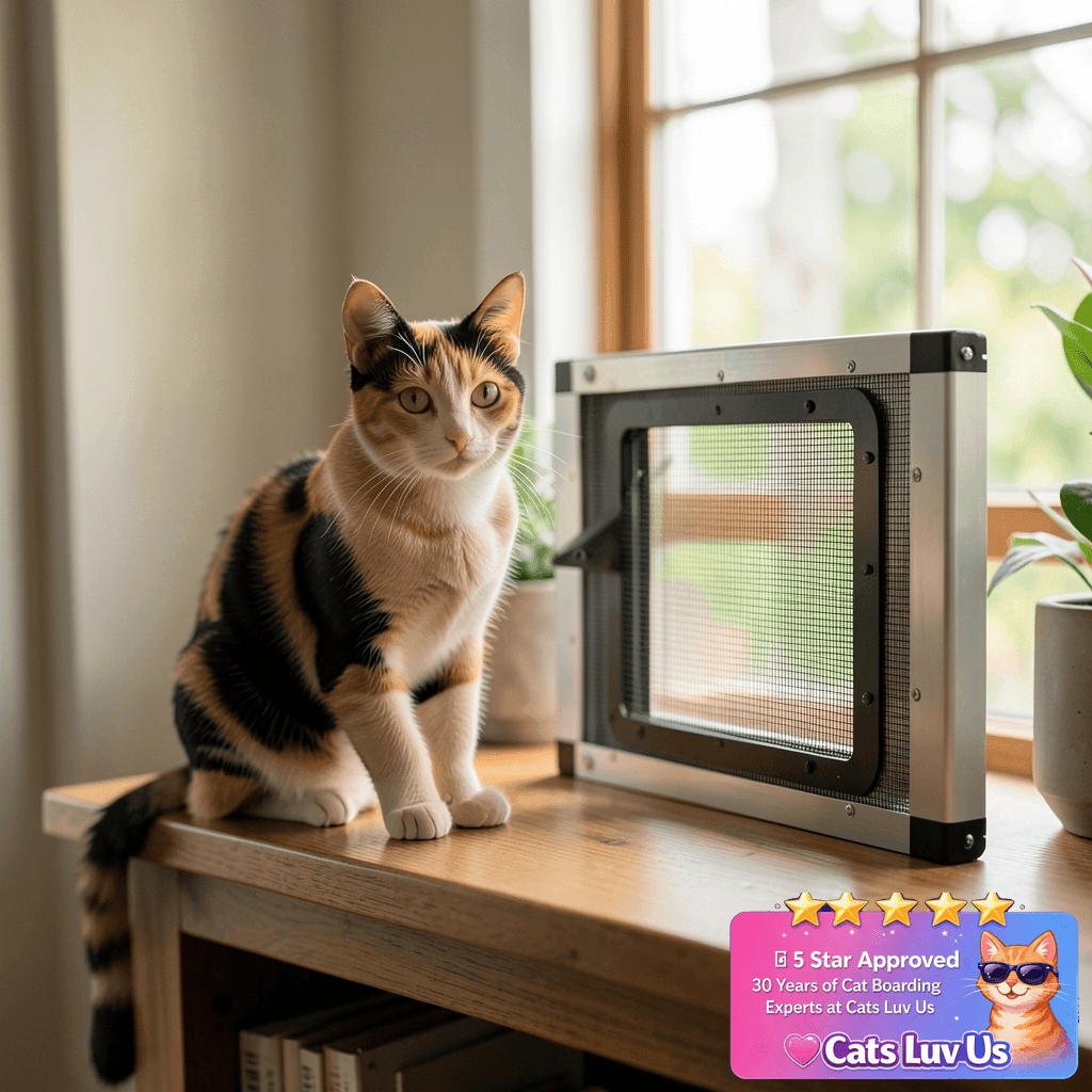 Ventilated Pet Door for Window with cat - professional product lifestyle photo