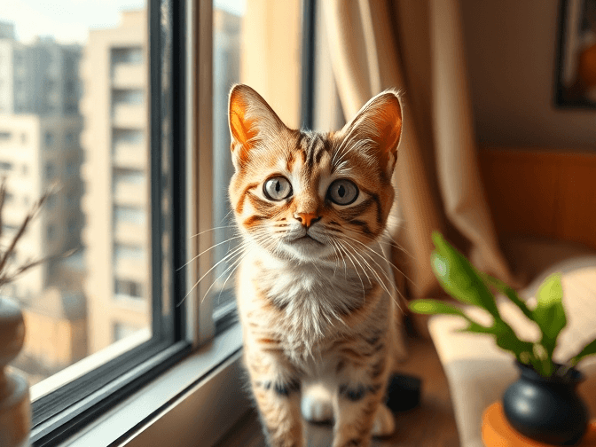 Cat owner reviewing pet window barriers for high rise apartments options for their pet in 2026
