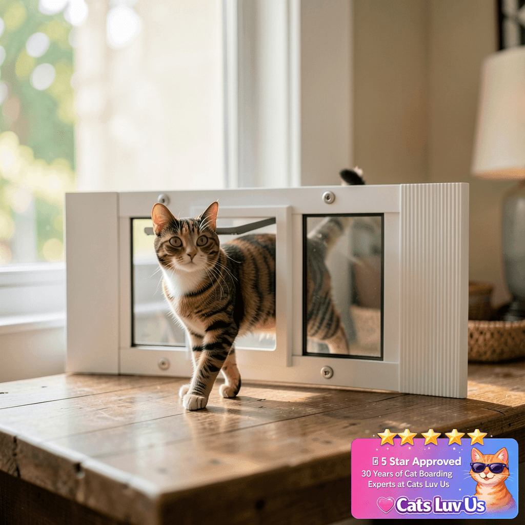 Cat Door for Window Weatherproof: Aluminum Frame Flap Pet with cat - professional product lifestyle photo