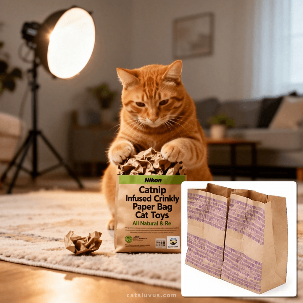 Catnip Infused Crinkly Paper Bag Cat Toys - All Natural & Re with cat - professional product lifestyle photo