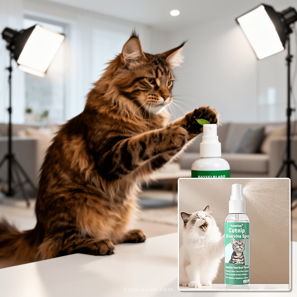 Catnip Spray with Silvervine with cat - professional product lifestyle photo