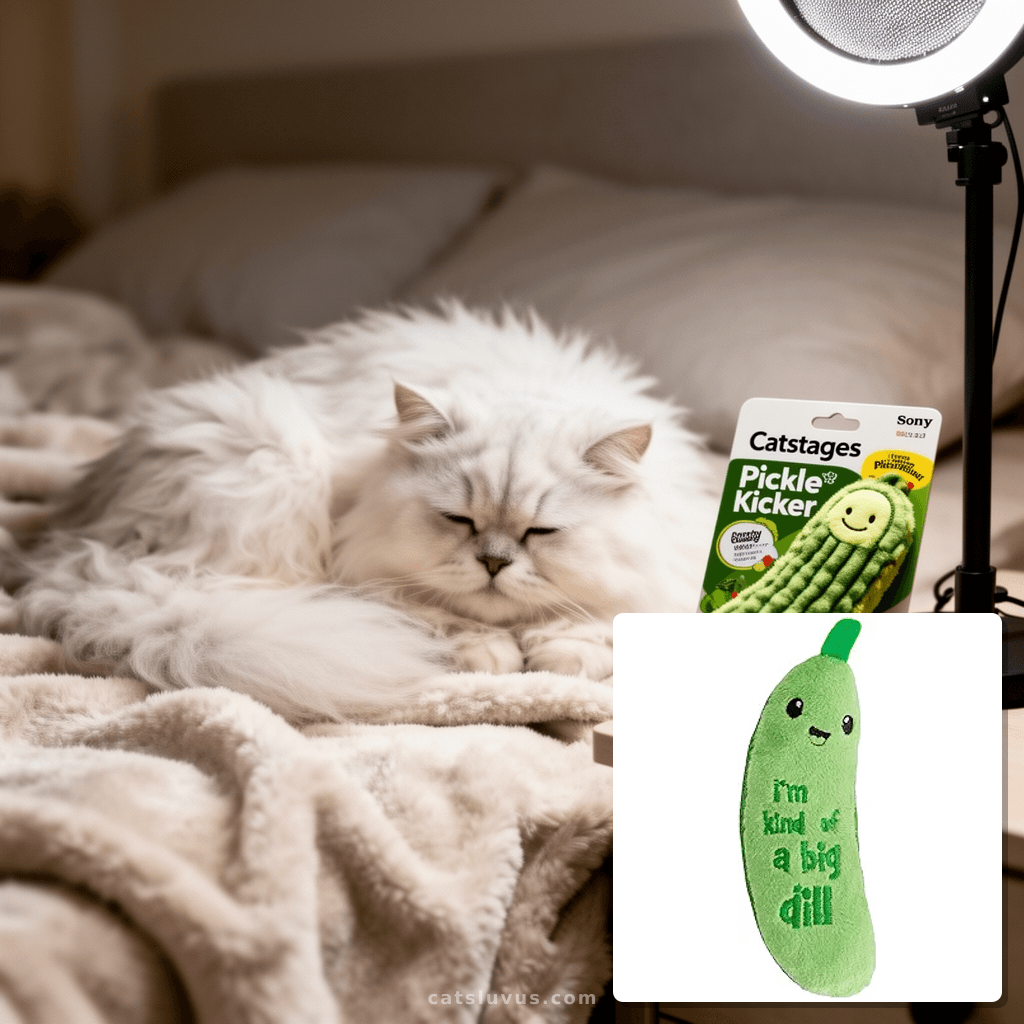 Catstages Crunchy Pickle Kicker Cat Toy – Plush Crinkle Toy  with cat - professional product lifestyle photo