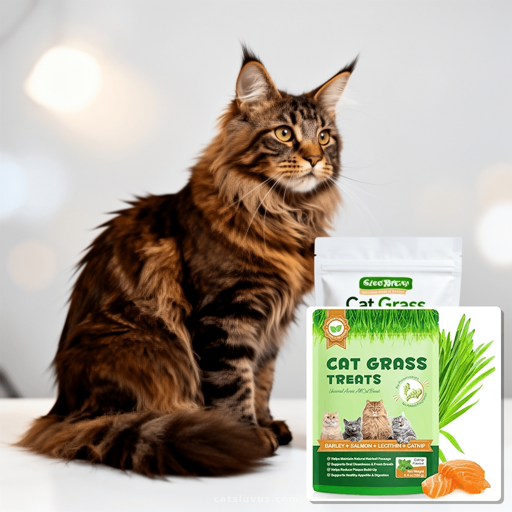 180g/6.4oz Cat Grass Dental Treats for Hairball Control with cat - professional product lifestyle photo