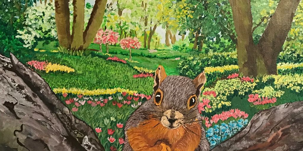 brown squirrel on tree branch painting