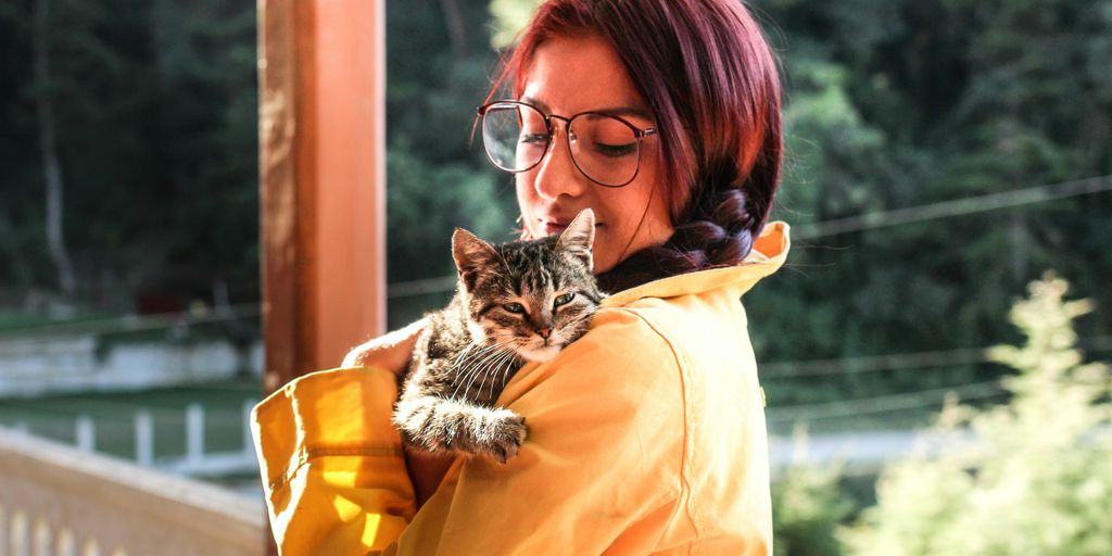 woman carrying cat while standing on porch