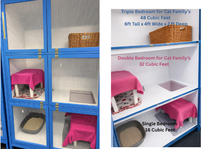 Cat family apartment condo exterior and labeled interior — single 16, double 32, and triple 48 cubic feet bedrooms