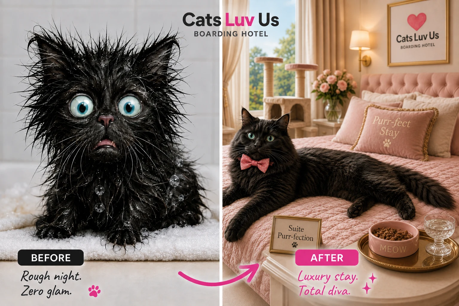 Before and after — cat transformed after luxury boarding stay at Cats Luv Us Laguna Niguel