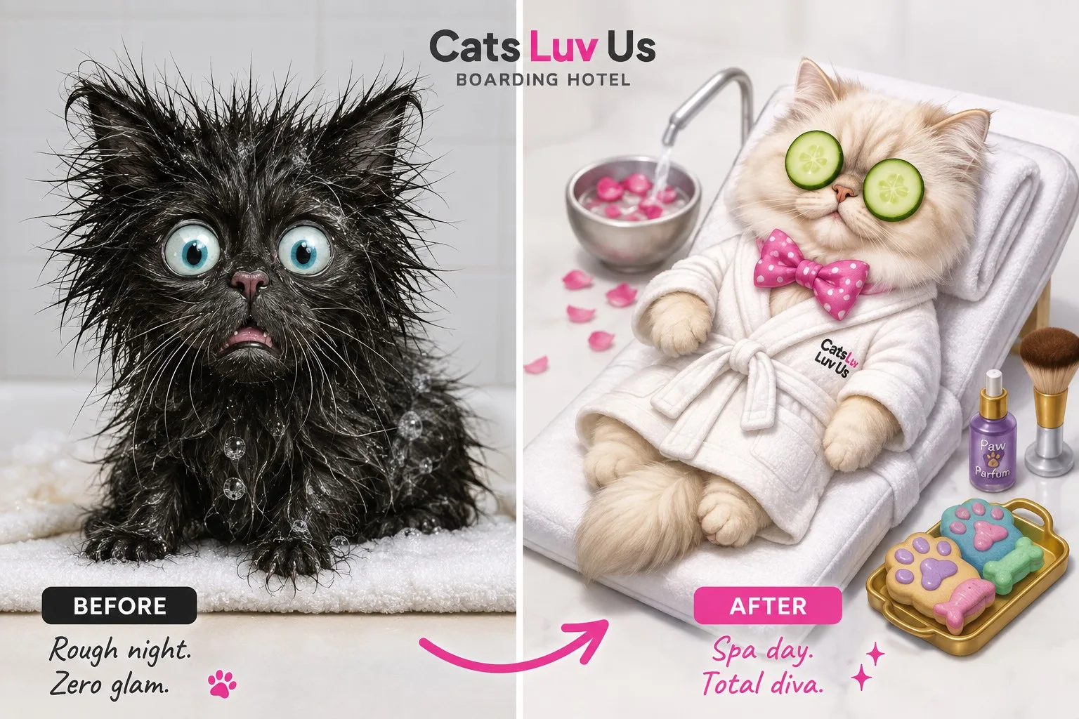 Before and after cat grooming spa transformation at Cats Luv Us cat-only facility in Laguna Niguel