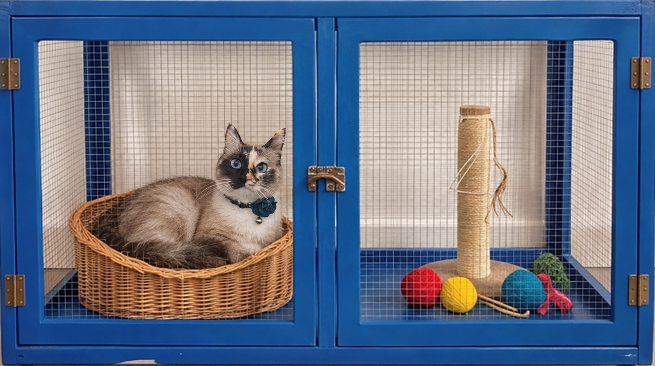 The Single Cat Condo: private blue suite with wicker bed, scratching post and toys