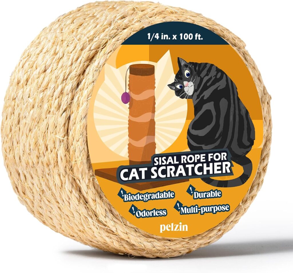 Pelzin natural sisal rope for cat scratching posts, 1/4 inch by 100 feet