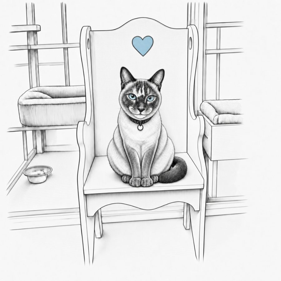 Sketch of a blue-eyed cat sitting on a heart-backed chair in a private condo