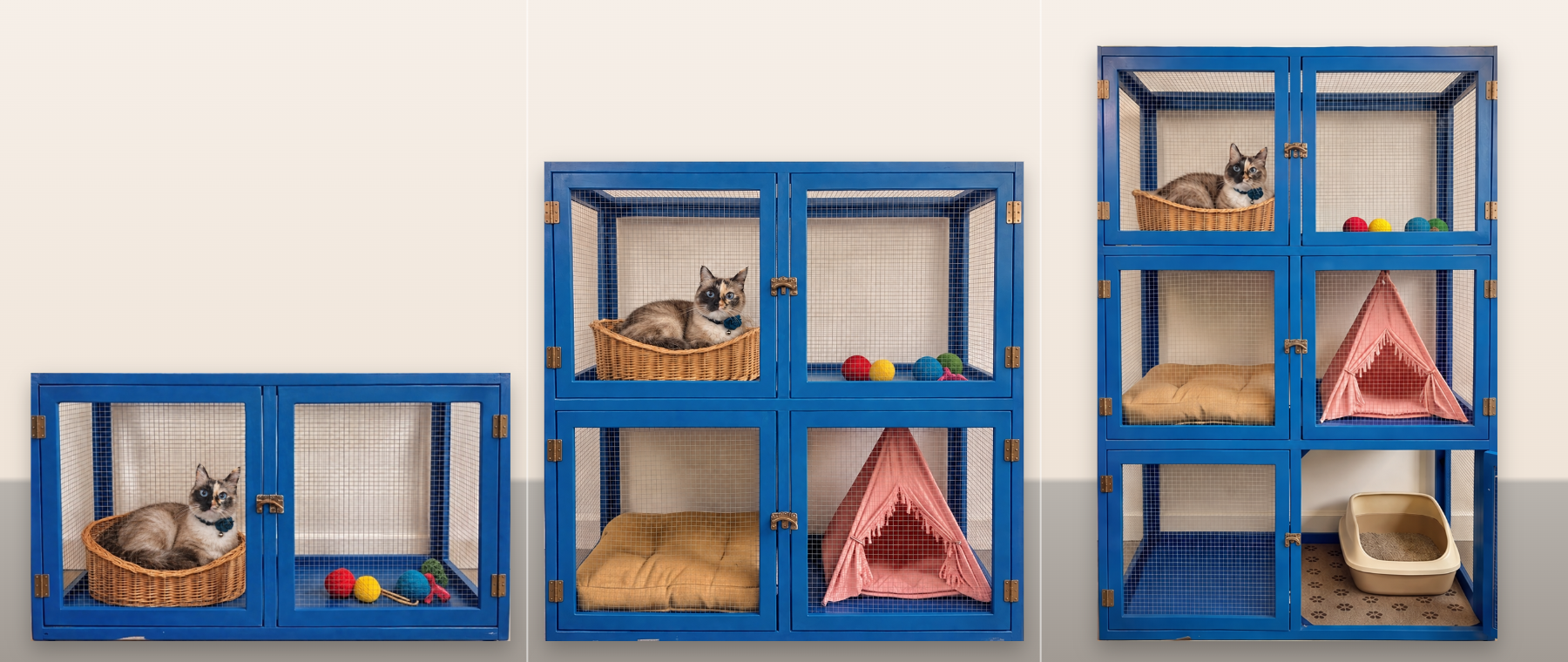 Single, Double and Triple blue mesh cat condos at Cats Luv Us